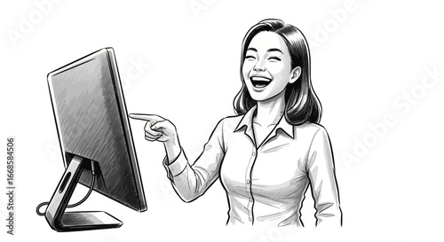 Animated asian female celebrating business success in front of a computer