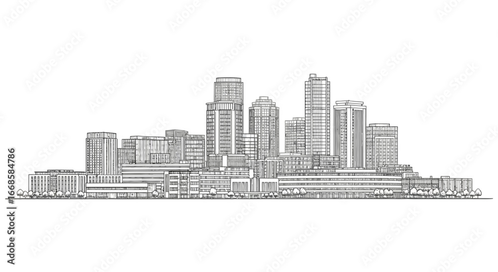 Fototapeta premium Architectural Drawing of a Dense Urban Skyline with Meticulous Detail