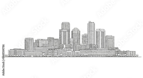 Architectural Drawing of a Dense Urban Skyline with Meticulous Detail