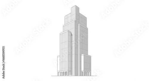 Architectural lines of a towering skyscraper on a pristine white background