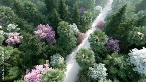 Aerial View of a Lush Tropical Forest Path with Pink and White Blossoms