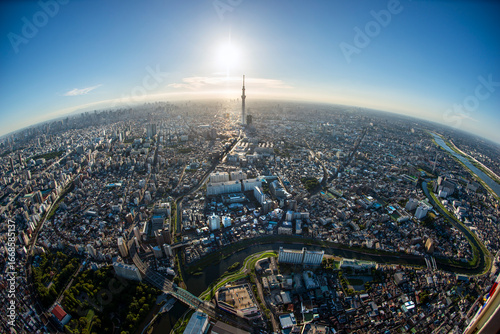 Wide-angle aerial view of Tokyo cityscape with Skytree Tower at the centre, Japan
