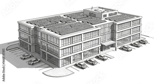 Architectural vision of a modern sustainable office building with solar panels