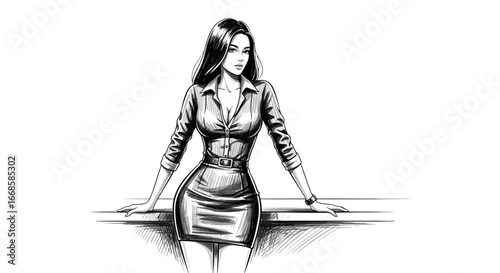 Confident and stylish woman sketch in black and white illustration
