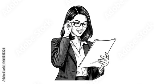 Confident Businesswoman Examining Documents with Stylish Black and White Style
