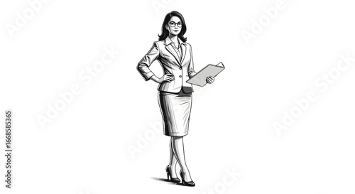 Confident businesswoman in monochrome, embodying corporate power and style