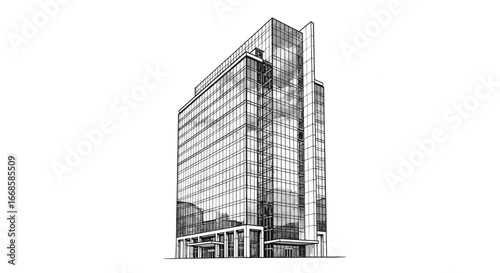 Detailed architectural rendering of a modern high-rise office building