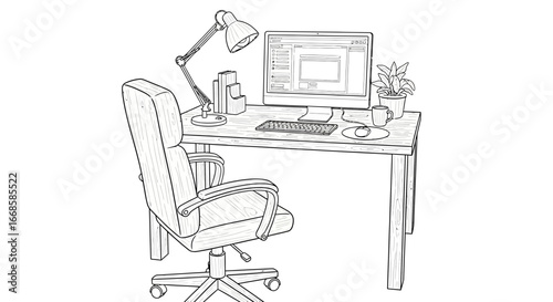 Detailed Drawing of a Computer Workstation with Desk, Chair, and Accessories