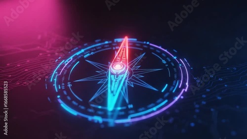 Neon compass design with circuit background and glow