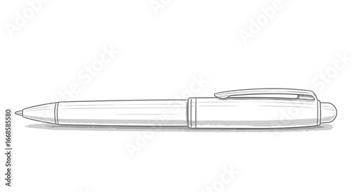 Detailed sketch illustration of a sophisticated metal ballpoint pen lying flat