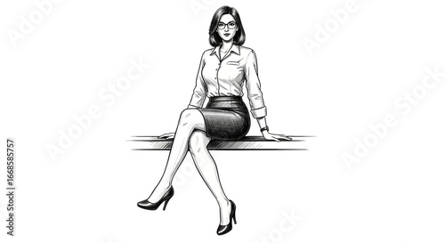 Elegant businesswoman in formal wear sketch sitting with legs crossed