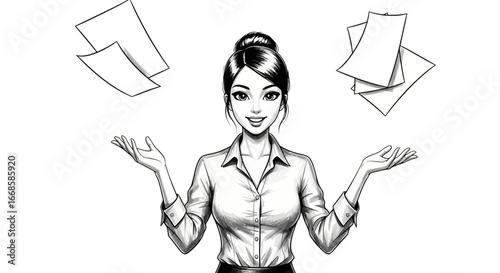 Elegant cartoon businesswoman balancing paperwork with grace and poise