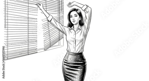 Elegant line art of a businesswoman opening window blinds in office