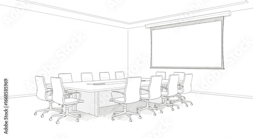 Elegant Sketch of Modern Conference Room with Presentation Screen Setup