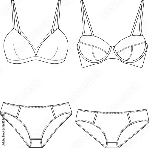 Technical flat vector illustration of women’s bra and panties set in front and back views, monochrome fashion template outline design.
