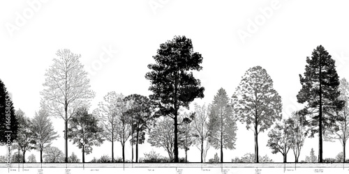 Architectural Drawings, Minimal style cad tree with roots line drawing and Tree Grunge vector, view, set of section wetland forest outline for landscape design drawing. 
