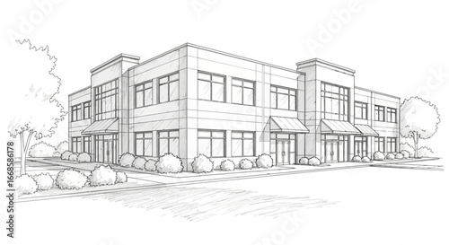 Hand-Drawn Commercial Building Sketch with Trees and Landscaping Detail