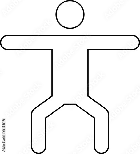 Black outline pictogram, with no fill, of a man with two arms stretched out and doing squats