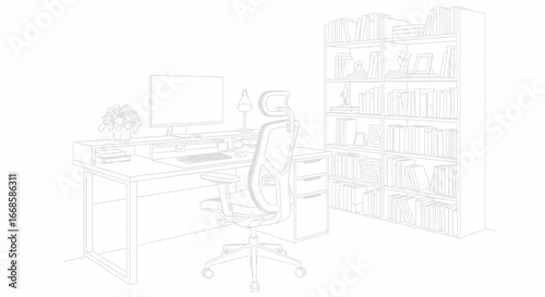 Illustration of a minimalistic home office setup with bookshelves background