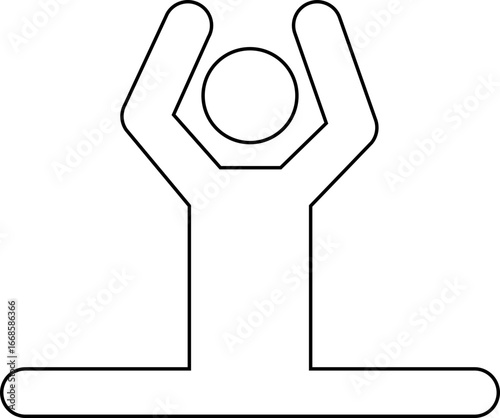 Black outline pictogram, with no fill, of a man doing a dance maneuver with his legs fully open and his arms up