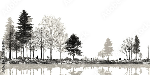 Minimal CAD Tree Line Drawings – Architectural Forest and Wetland Section, Side View, Vector Outline Symbols for Landscape Design texture vector design on transparent background.