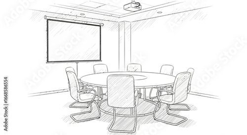 Meeting room sketch with projector and screen, professional conference setup