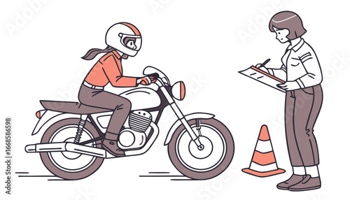 Girl rides motorcycle, passes exam in driving school. Examiner takes notes while lesson for receiving driver license. Student is training on motorbike. Flat isolated vector illustration on white 