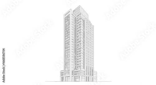 Minimalist sketch of a tall modern architectural structure in grayscale