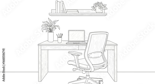 Minimalist workspace illustration featuring desk, chair, and decorative plants