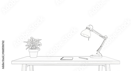 Minimalist workspace setup with lamp, plant and digital devices for a productive day