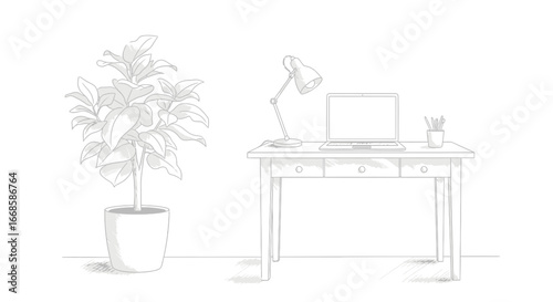 Minimalist workspace illustration featuring laptop, lamp, plant and home office