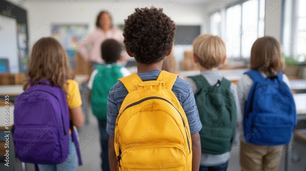 Fototapeta premium A group of children with colorful backpacks facing a teacher in a classroom. The atmosphere is educational and engaging, promoting learning and interaction.