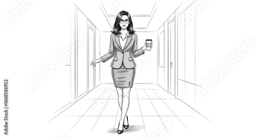 Modern Businesswoman Illustration with Coffee in Corporate Environment