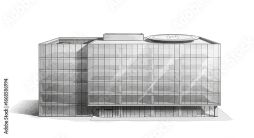 Modern glass building with helipad architectural design illustration
