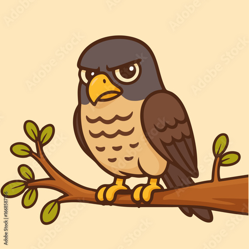 Cartoon Falcon Bird Sitting on Branch Vector Illustration