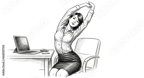 Office worker takes a break stretching her arms behind her head drawing