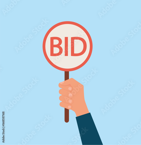 Hand holding bid sign paddle for auction or sale event vector illustration design