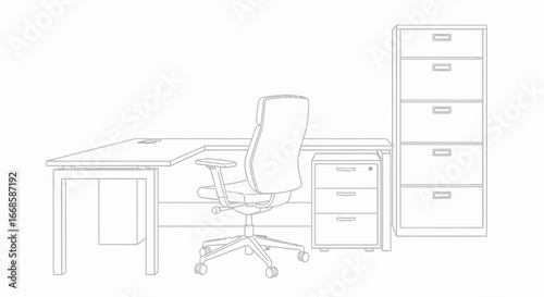 Outline of an office workspace setup featuring desk, chair, and file cabinet