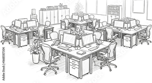 Sketch illustration displaying detailed empty office with multiple desks