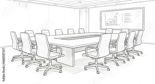 Sketch illustration of modern conference room with presentation board and chairs