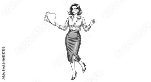 Stylish businesswoman managing documents, conveying elegance and competence