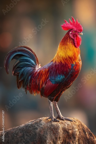 Rooster atop a rock, vibrant plumage
