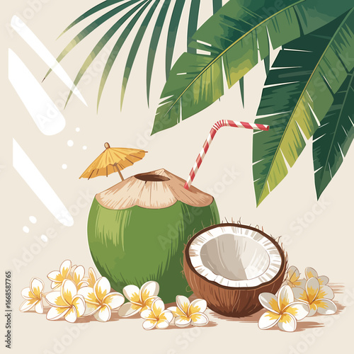 Illustration of a green coconut drink with a straw, tiny umbrella, plumeria flowers, and a halved coconut, with palm leaves in the background