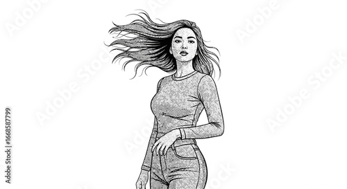 Stylized monochrome illustration of a confident woman with windswept hair