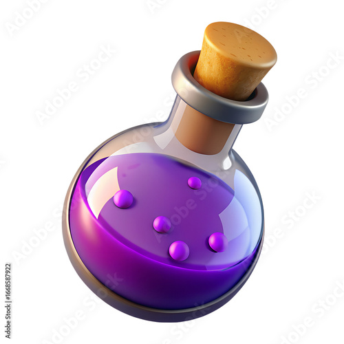 Round glass potion bottle with purple liquid and cork stopper.