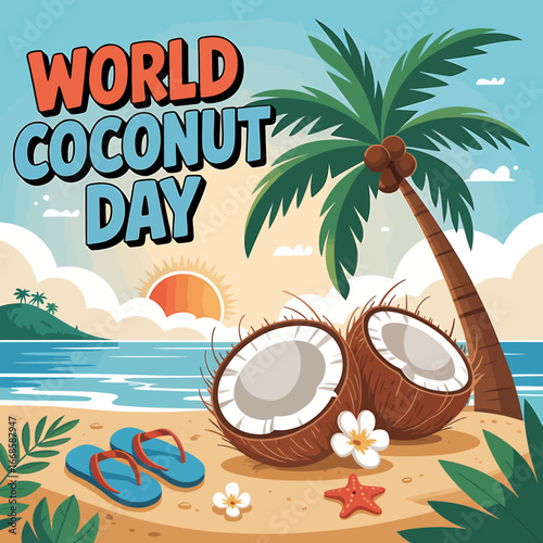 World coconut day celebration on a tropical beach with coconuts, palm tree, starfish, and flipflops at sunset