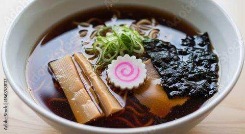 Savory Japanese Ramen Bowl: Close-up of Rich Broth, Noodles, Menma, Nori, and Pink Narutomaki