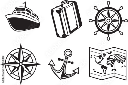 Cruise navy travel transport line art vector icon set. Transportation flat black outline icons for Web and App. Editable illustration linear