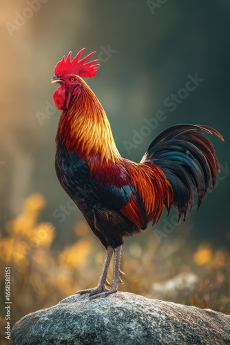 Rooster atop rock, sunrise backdrop