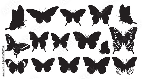 Collection of diverse black silhouette butterfly wing shapes and patterns isolated on a transparent background for creative design elements isolated on transparent background